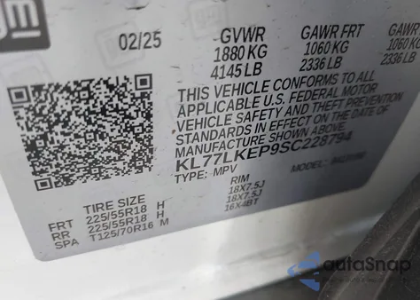 2025 Chevrolet Trax Fwd Activ z USA, uszkodzony, nr VIN KL77LKEP9SC228794